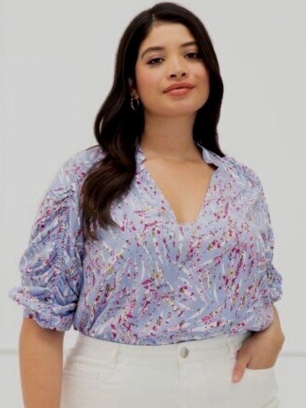 Eloquii Ruched Sleeves Top Blouse Light Lavender V-Neck Zebra Print Size 24